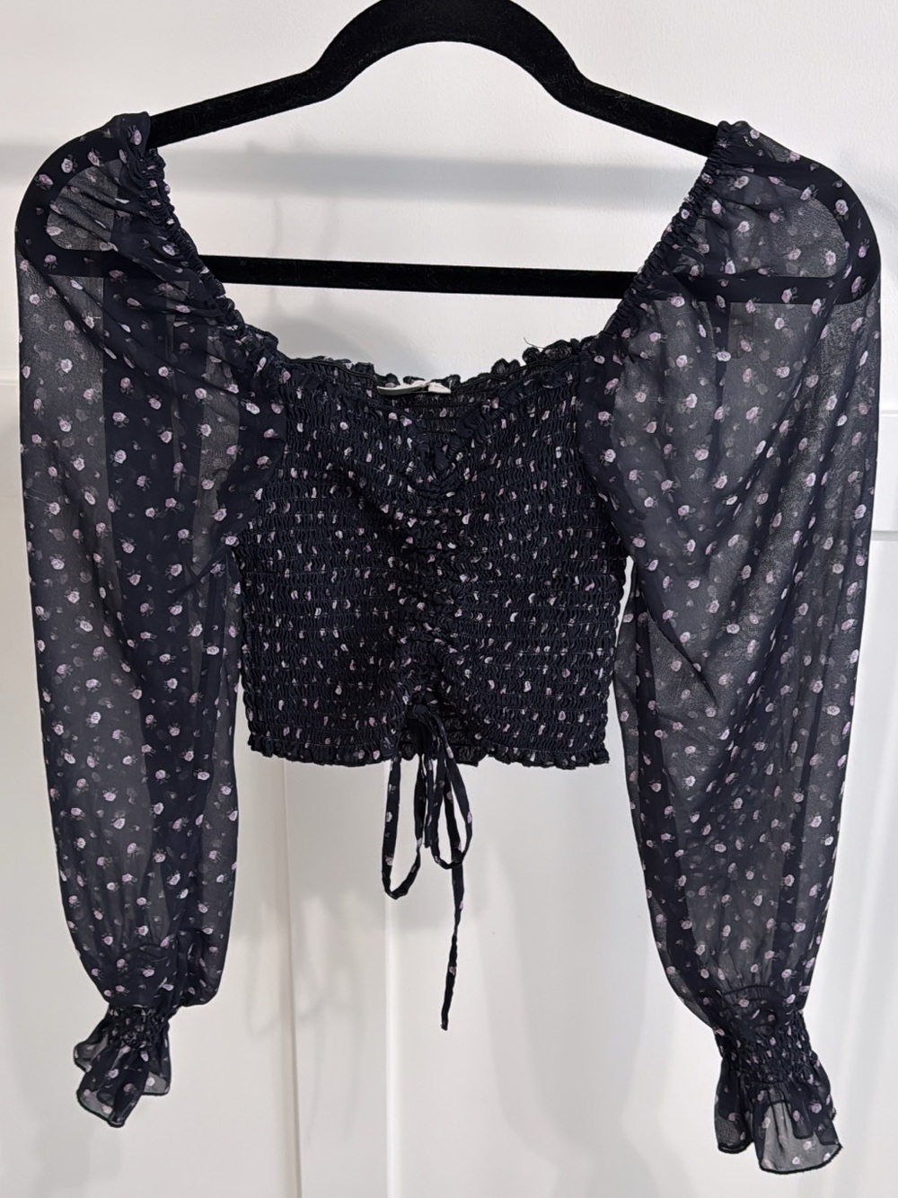 twik Black Smocked Off-Shoulder Crop Top with Pink Dot Print